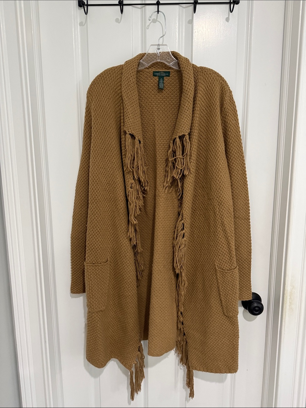 Ralph Lauren Jeans Tan Fringe Open-Front Knit Cardigan